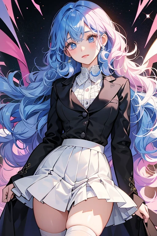 Chictchi has light pink skin and curly blue hair. She wears a black suit with two buttons, black stockings, and a white skirt. Her eyes are blue and oval-shaped, with two eyelashes each. SPARKLE; GLITTER