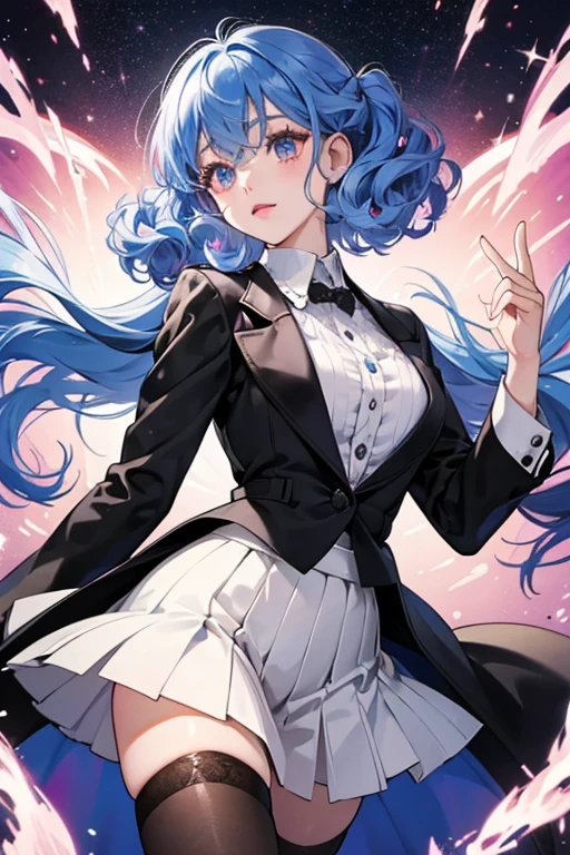 Chictchi has light pink skin and curly blue hair. She wears a black suit with two buttons, black stockings, and a white skirt. Her eyes are blue and oval-shaped, with two eyelashes each. SPARKLE; GLITTER