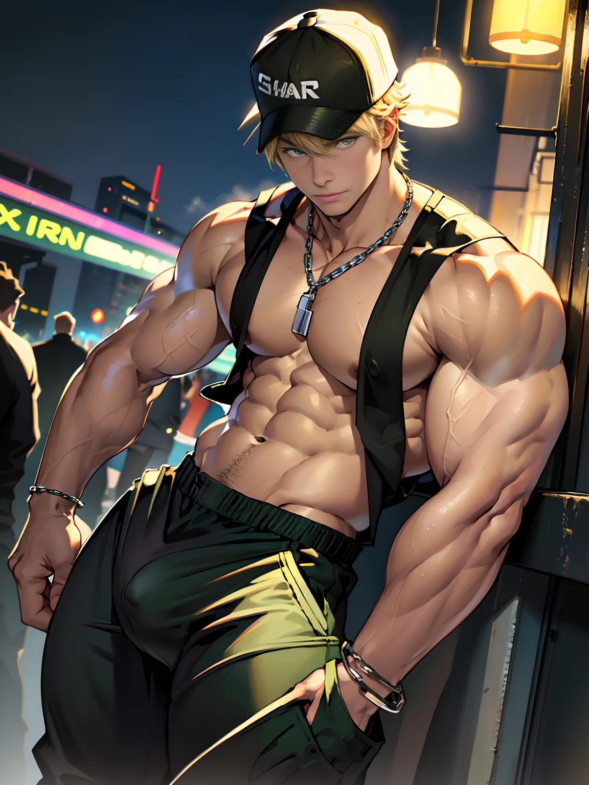 Young man, short blond hair, handsome face, tired expression, green eyes, large muscles, hyper pectoral, thick thigh, large butt. He's wearing a low-cut tank top, black pants, a backwards hat, and a silver chain around his neck, Big bulge. Scenery, party at night.