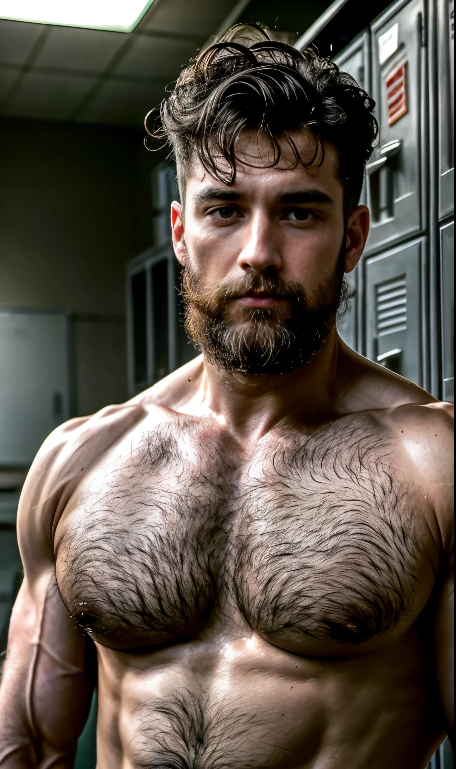 Masterpiece, amazing photography, very detailed, Two men pictured a thin man next to his sexy muscular 55-year-old teacher, white grey hair, together in the school locker room; old man grey white hair, man, is submissive, of short size, sexual tension, horny, erect bulge, without clothing, messy hair, brown skin, face, full body, body with hair on chest, thin and weak body, hairy only in lower part; on the other hand, the 55-year-old professor, muscular body, large pectorals, tall, dominant, without clothing very short and straight black hair, Caucasian or white skin, face, full body, lots and lots of hair on chest, small beard of a day, hairy in the lower part; highly detailed skin, skin pores, school clothing, sunny weather, steam, showers, 8k uhd, dslr, dim lighting, high quality, film grain