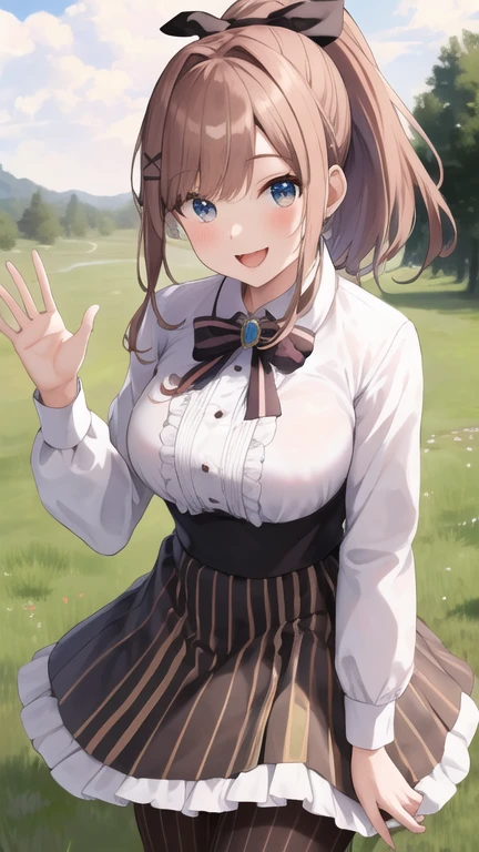 masterpiece, best quality, highres, hmsl1, ponytail, hair ribbon, x hair ornament, jewelry, bowtie, brooch, white shirt, long sleeves, vertical-striped skirt, striped pantyhose, cowboy shot, outdoors, smile, waving, open mouth,