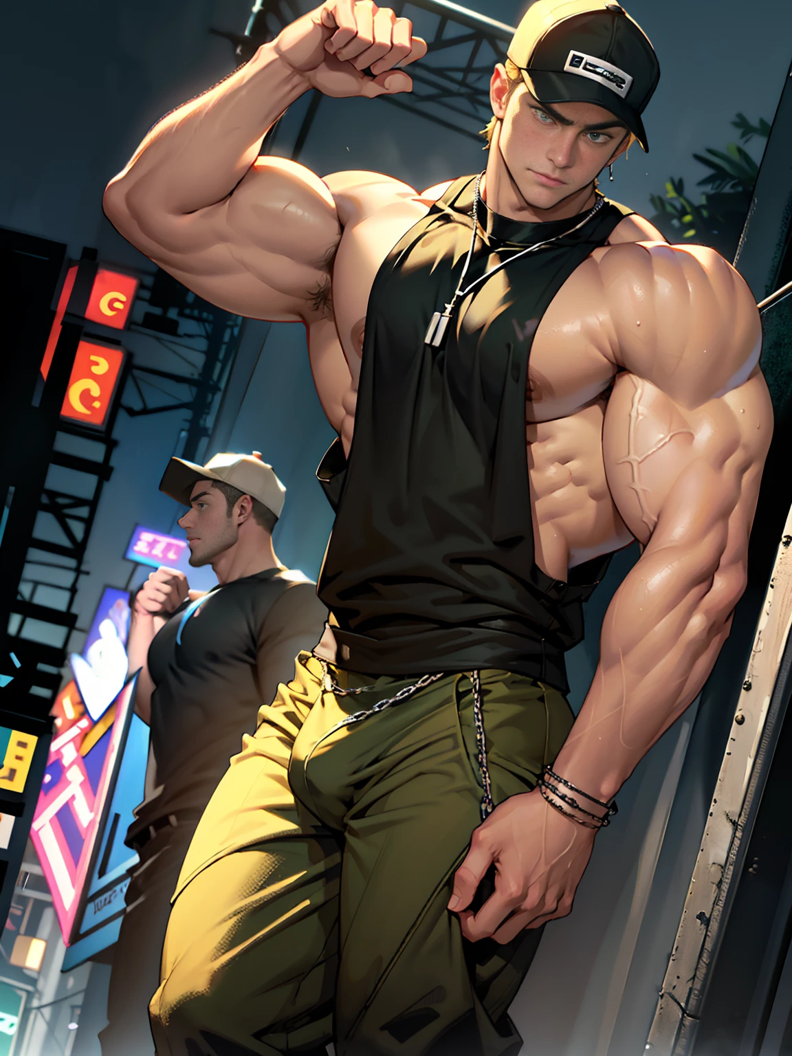 Young man, short blond hair, handsome face, tired expression, green eyes, large muscles, hyper pectoral, thick thigh, large butt. He's wearing a low-cut tank top, black pants, a backwards hat, and a silver chain around his neck, Big bulge. Scenery, party at night.