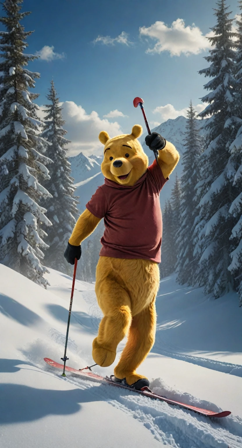 a crazy skier goofy running away from a crazed winnie-the-pooh chasing him, 1 man, extremely detailed facial features, detailed winter landscape, snowy mountains, pine trees, detailed snow, detailed skis, detailed ski poles, detailed snow tracks, detailed cabin, detailed forest, detailed sky, detailed clouds, cinematic lighting, dramatic lighting, epic, highly detailed, 8k, masterpiece, photorealistic, hyper realistic, cinematic color grading, dramatic colors, intense shadows, dramatic lighting