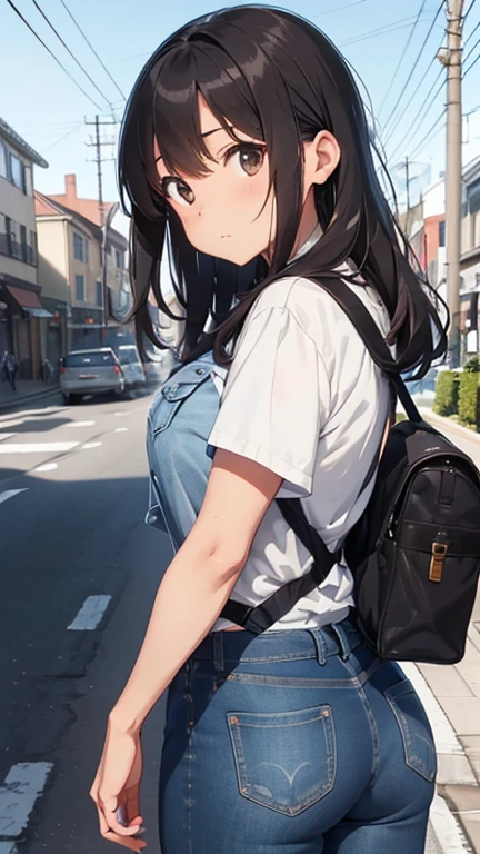 shiho Nishizumi,Blue jean jacket,Jeans pants,Semi-long hair,Brown Hair,Black Eyes,Big Breasts,Confused expression,Back view,Urban area,In front of the bus stop,,At least one backpack, Beautiful image quality,slightly muscular,