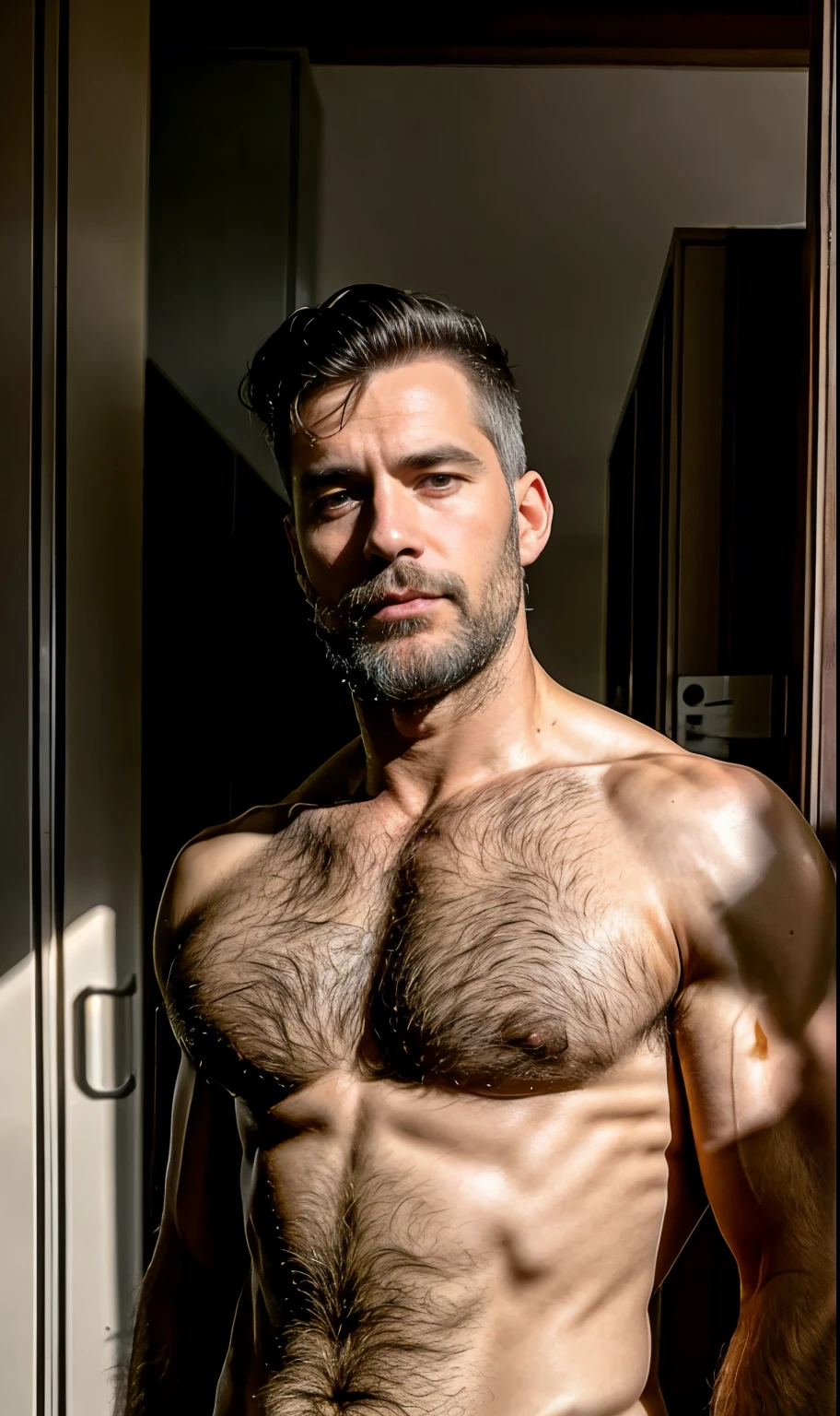 Masterpiece, amazing photography, very detailed, Two men pictured a thin man next to his sexy muscular 55-year-old teacher, white grey hair, together in the school locker room; old man grey white hair, man, is submissive, of short size, sexual tension, horny, erect bulge, without clothing, messy hair, brown skin, face, full body, body with hair on chest, thin and weak body, hairy only in lower part; on the other hand, the 55-year-old professor, muscular body, large pectorals, tall, dominant, without clothing very short and straight black hair, Caucasian or white skin, face, full body, lots and lots of hair on chest, small beard of a day, hairy in the lower part; highly detailed skin, skin pores, school clothing, sunny weather, steam, showers, 8k uhd, dslr, dim lighting, high quality, film grain