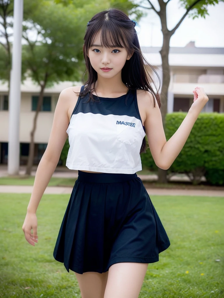 (masterpiece, highest quality:1.4), Award-winning portraits, 8k, 85mm, alone, Beautiful Face, Delicate girl, (Cheerleader、On the grass), Sophisticated, cute, 15 years old, RAW Photos, Confused, High resolution, Sharp focus, Background Blur、(((flat 、thin and delicate body、Childish atmosphere)))、shiny semi-long hair、Mole on the left cheek、 Dark blue eyes、the skirt is swaying in the wind、Hair swaying in the wind、sexy、flexible legs、naked