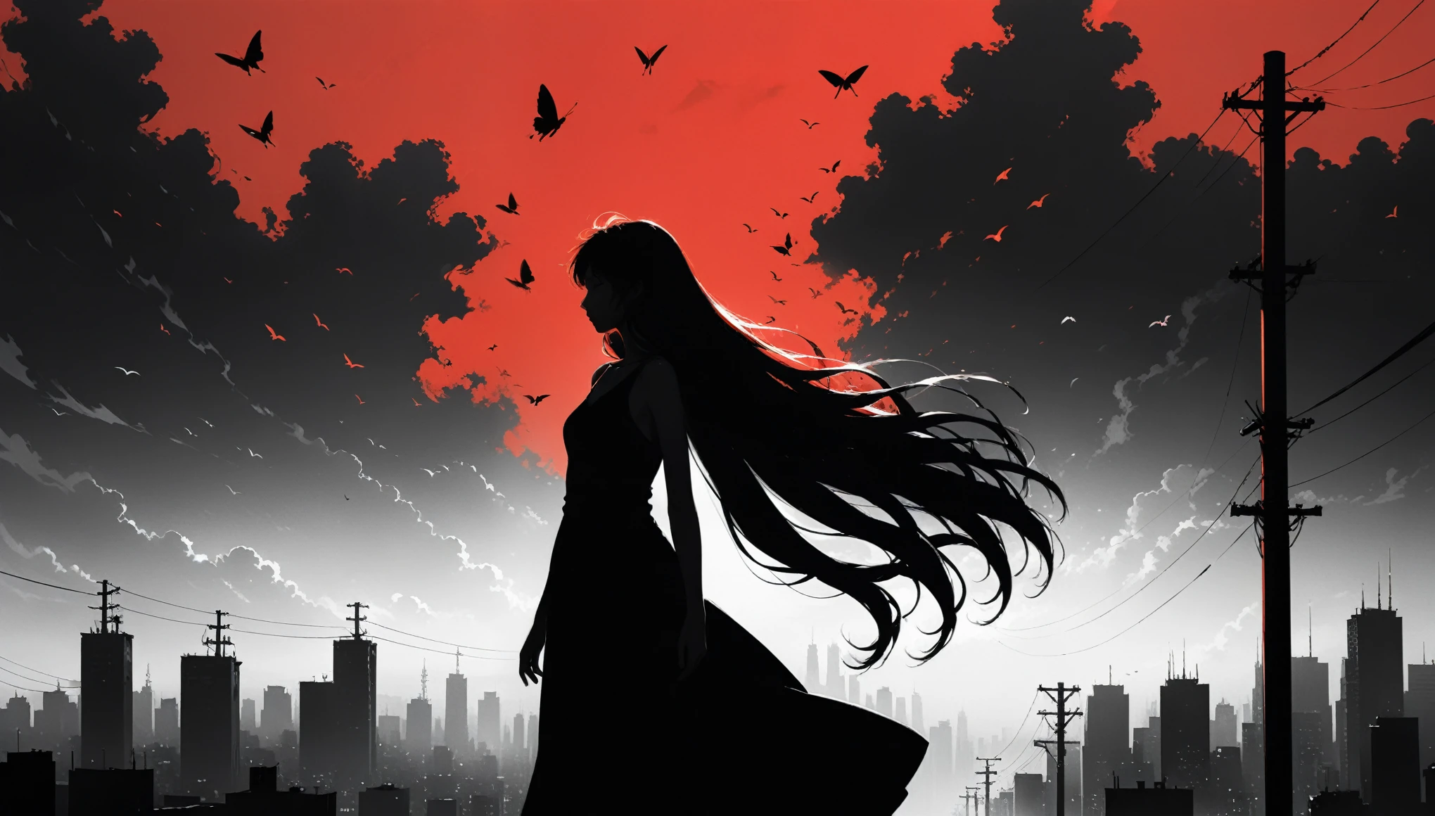 (in style of Ashley Wood:1.3),(in style of Takeshi Obata:0.9),
black and white urban skyline background,protruding utility poles,(a red silhouette of a young girl:1.6),minimalist silhouette,red silhouette,black and white background,wide_shot,silhouette of a age girl on a telephone pole,(selulu style:1.4),heles,flowing long skirts,(incredibly long hair fluttering in the wind:2)