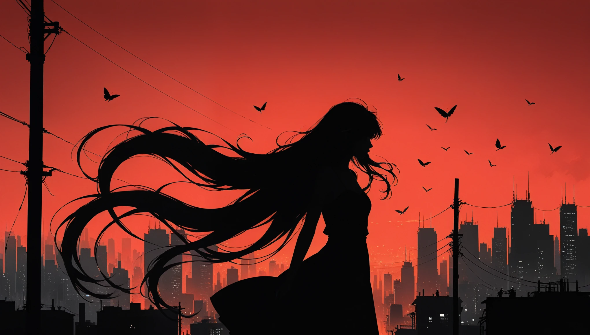 (in style of Ashley Wood:1.3),(in style of Takeshi Obata:0.9),
black and white urban skyline background,protruding utility poles,(a red silhouette of a young girl:1.6),minimalist silhouette,red silhouette,black and white background,wide_shot,silhouette of a age girl on a telephone pole,(selulu style:1.4),heles,flowing long skirts,(incredibly long hair fluttering in the wind:2)