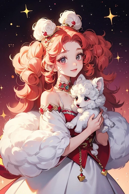 Chitchi resembles a white poodle. She has fluffy fur and many curls similar to the one on Memetchi's head. There is a curl on her forehead, and her ears and tail look like big curls. She has black eyes and a little red nose. SPARKLE; GLITTER