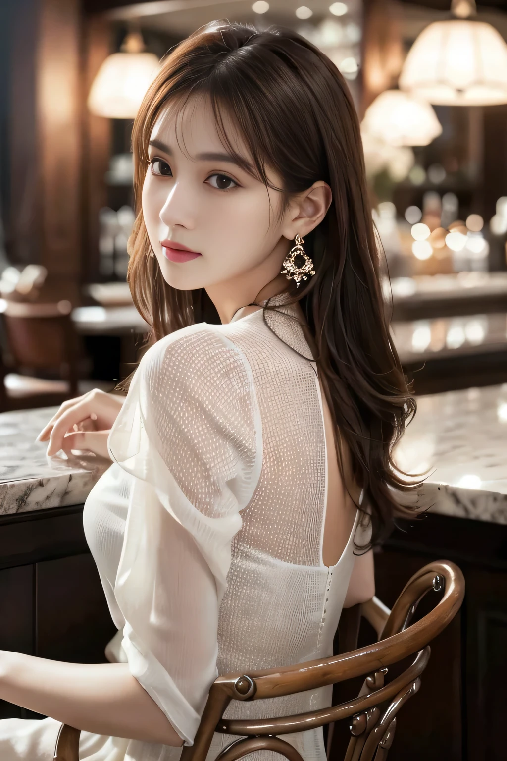 masterpiece, highest quality, Realistic, Very detailed, Finer details, High resolution, 8k wallpaper, One beautiful woman, Wear an elegant white see-through blouse, A great bar counter, At night, Light brown messy hair, Perfect dynamic composition, Beautiful and beautiful eyes、Big earrings、Sitting in a chair、Back view、