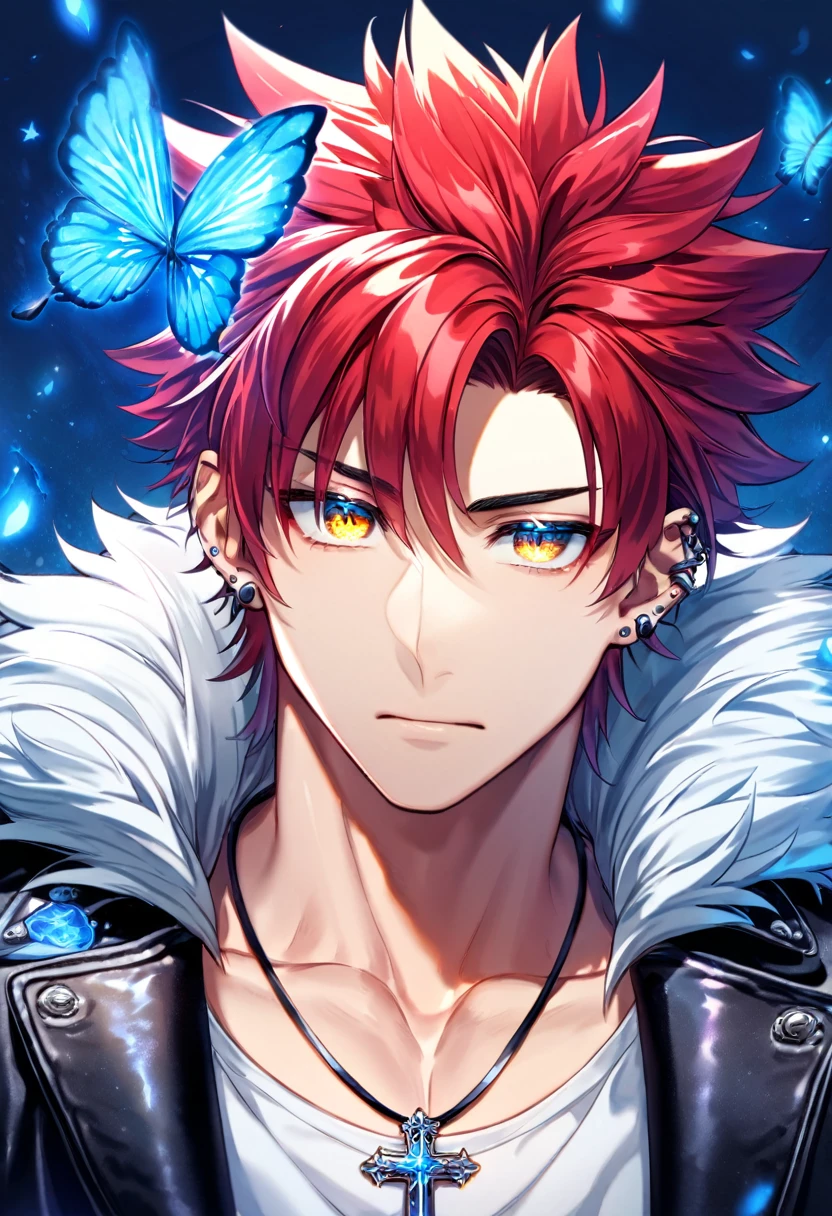 Ultra detailed, Highres, absurdres, HDR, Suoh Mikoto, red hair is kept short, ruffled, and spiked with two strands of hair near the opposite sides of his head falling over his face as well as distinct sideburns , K, expressive golden eyes, black leather jacket with a fur collar and a white V-neck underneath, silver ring, a star-shaped necklace, a piercing in his left ear, blue flowers, petals, handsome, sexy man, solo, very detailed eyes and face, glittering small blue butterflies, master piece, glittering, fantasy, cross, blue background, blue flames,