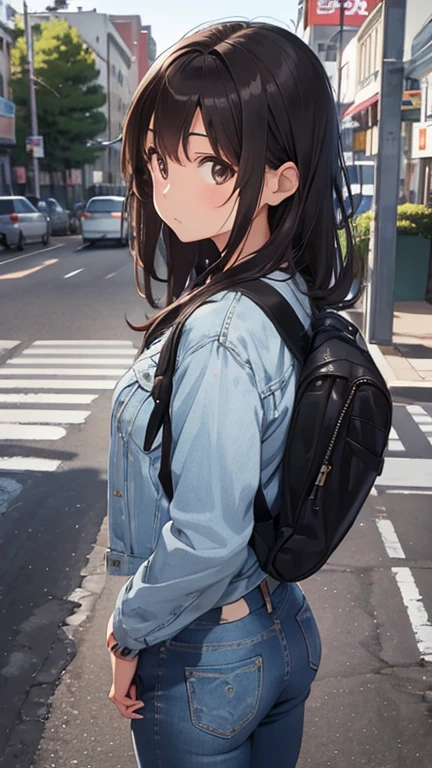 shiho Nishizumi,Blue jean jacket,Jeans pants,Semi-long hair,Ashime Hair,Brown Hair,Black Eyes,Big Breasts,Confused expression,Back view,Urban area,In front of the bus stop,,At least one backpack, Beautiful image quality,slightly muscular,