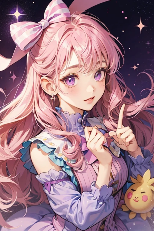 Chiroritchi has a roughly bell-shaped body with two violet curls on either side of her head, and a violet trim below her. She has bangs and a pink bow on top of her head. She has long eyelashes and pink cheeks. SPARKLE; GLITTER