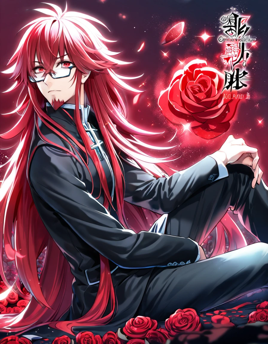 absurdres, highres, ultra detailed, HDR, master piece, best quality, Marian Cross, red long hair, hair between the eyes, with bangs, untamed hair, expressive red eyes, D.Gray-man, glasses, goatee colored red, solo, sexy man, handsome, sitting, black clothes, magical, fantasy, red background, red roses, shining, red petals, red glittering fireflies