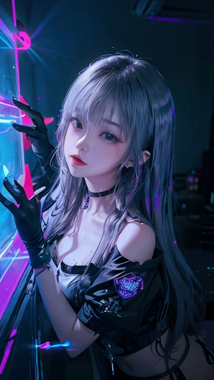 Mine makeup girl、Hotel、Black straight long hair、Glowing neon lights、Girls Bar clerk、Bar clerk、girl serving alcohol、Neon and uv black light store interior、cyber 、White T-shirt that glows under UV black light、numerous piercings in the ears、large full breasts、Large cleavage、Hot pants in satin fabric、A store that looks like a spaceship、Liquor bottle reflecting light、Western liquor bottles on a shelf with a faint reflection、drinking cocktail、female gaki smile、cyber vision monitor、Angle from above