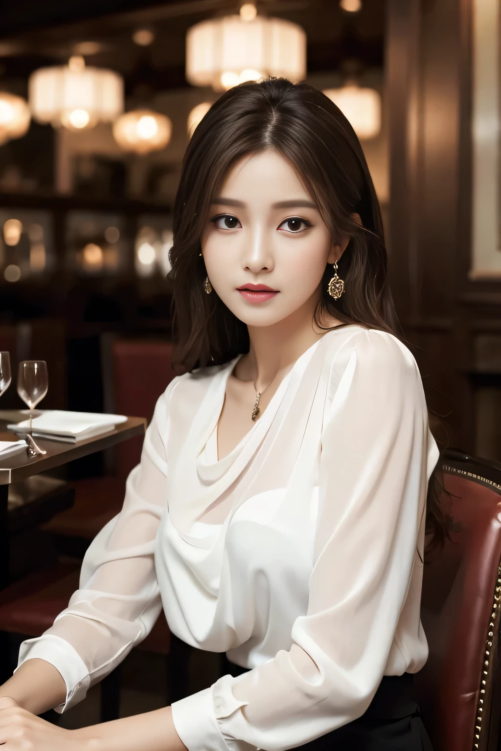 masterpiece, highest quality, Realistic, Very detailed, Finer details, High resolution, 8k wallpaper, One beautiful woman, Wear an elegant white see-through blouse, In a great restaurant, At night, Light brown messy hair, Perfect dynamic composition, Beautiful and beautiful eyes、Big earrings、Sitting in a chair、