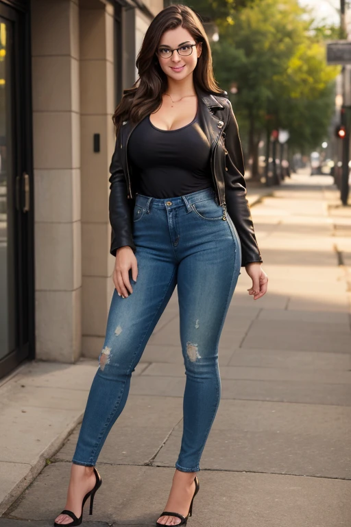 (full body:1.4),. cute 22 yo brunette Caucasian woman with green eyes. Sexy chubby figure, natural breasts, beautiful ass. Smile. Eyeglasses, leather jacket, tank top, blue jeans, high heels.