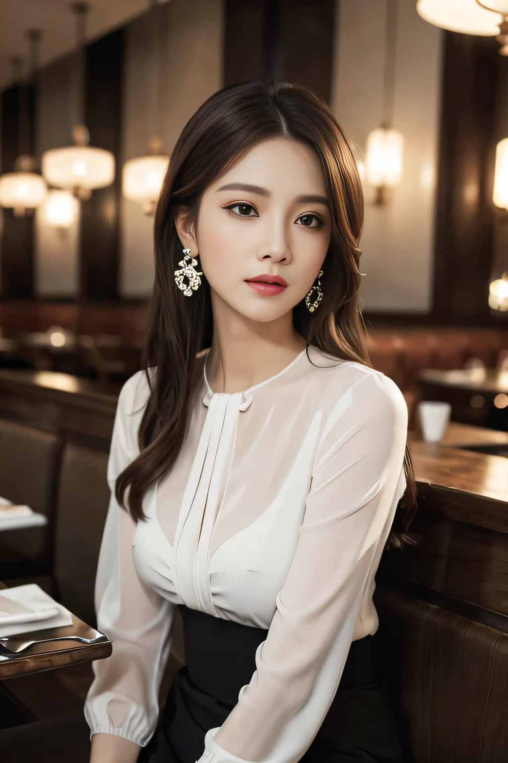 masterpiece, highest quality, Realistic, Very detailed, Finer details, High resolution, 8k wallpaper, One beautiful woman, Wear an elegant white see-through blouse, In a great restaurant, At night, Light brown messy hair, Perfect dynamic composition, Beautiful and beautiful eyes、Big earrings、Sitting in a chair、