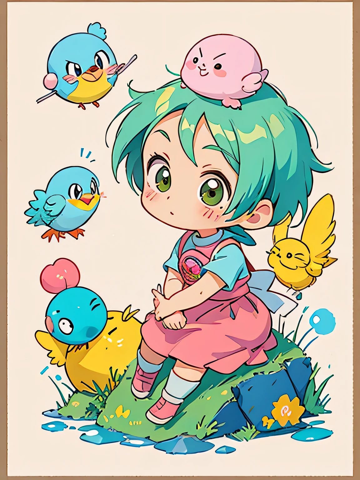 akira toriyama style, Kawaii Design, most beautiful girl ever、Chibi, birdie、wall graffiti、The background is a high wall