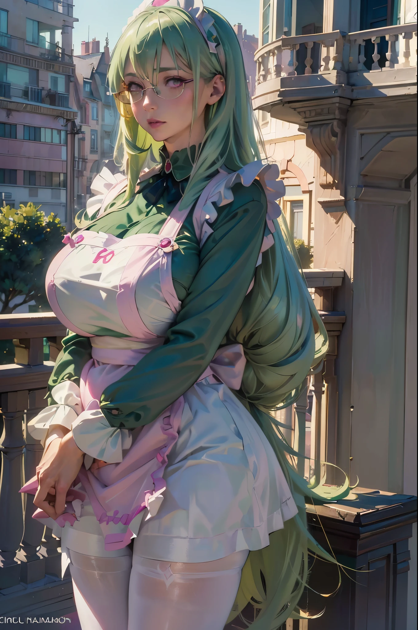 masterpiece, best quality, Very detailed, 1 Girl, (, Become a, maternal love:1.2), Solitary, Carl Hairstyle, (Huge breasts:1.44), ((((Light green hair), long hair, pink eyes, trumpet))), Purple lips, (((Glasses, a, Long sleeve, White apron, Pantyhose))), ((A faint smile), Shut up), ((balcony, Future Cityscape))