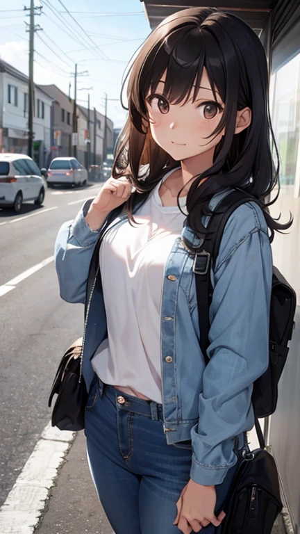 shiho Nishizumi,Blue jean jacket,Jeans pants,Semi-long hair,Ashime Hair,Brown Hair,Black Eyes,Big Breasts,Furious expression,from the front,Urban area,In front of the bus stop,slouch,At least one backpack, Beautiful image quality,slightly muscular,