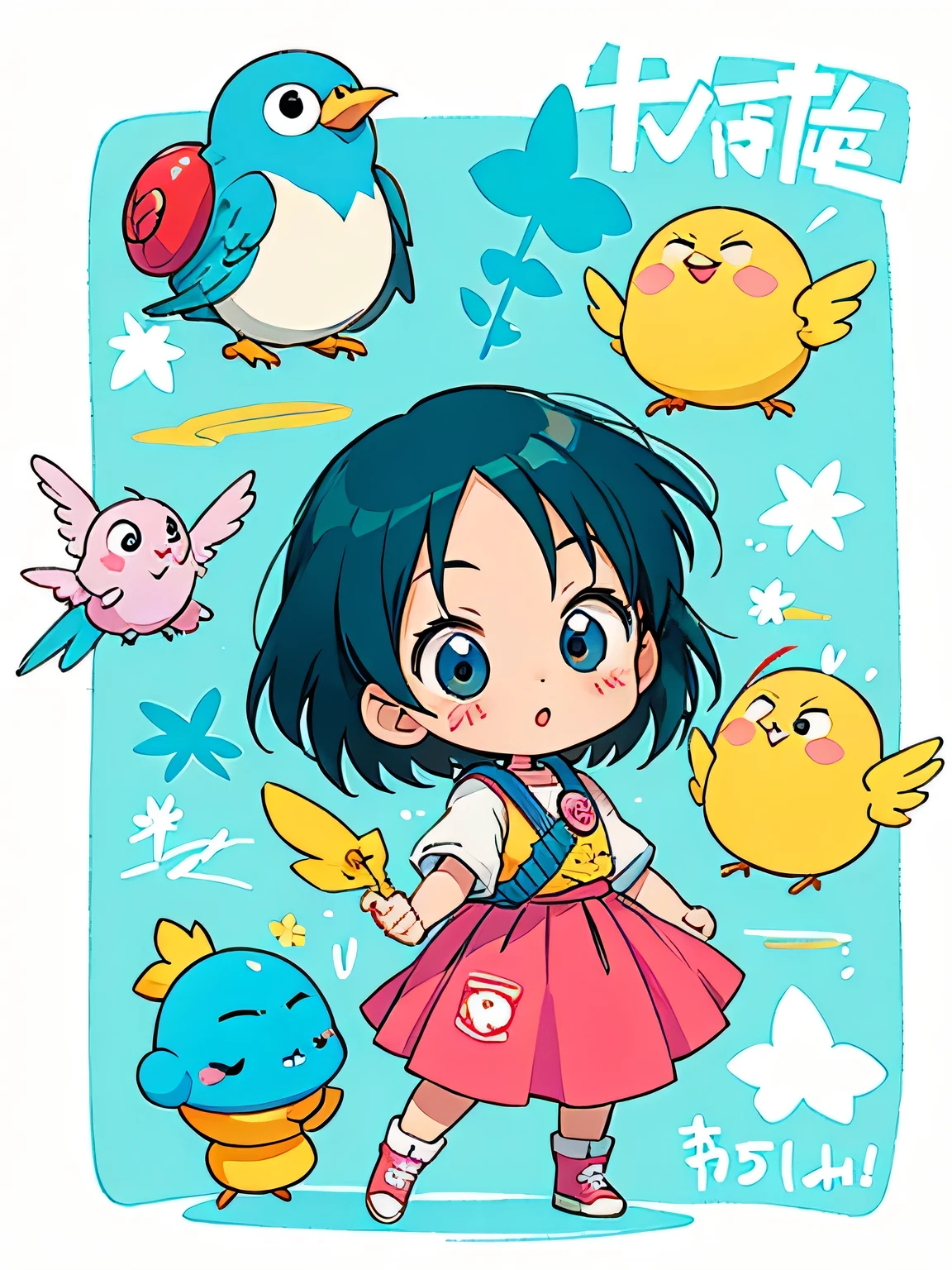 akira toriyama style, Kawaii Design, most beautiful girl ever、Chibi, birdie、wall graffiti、The background is a high wall