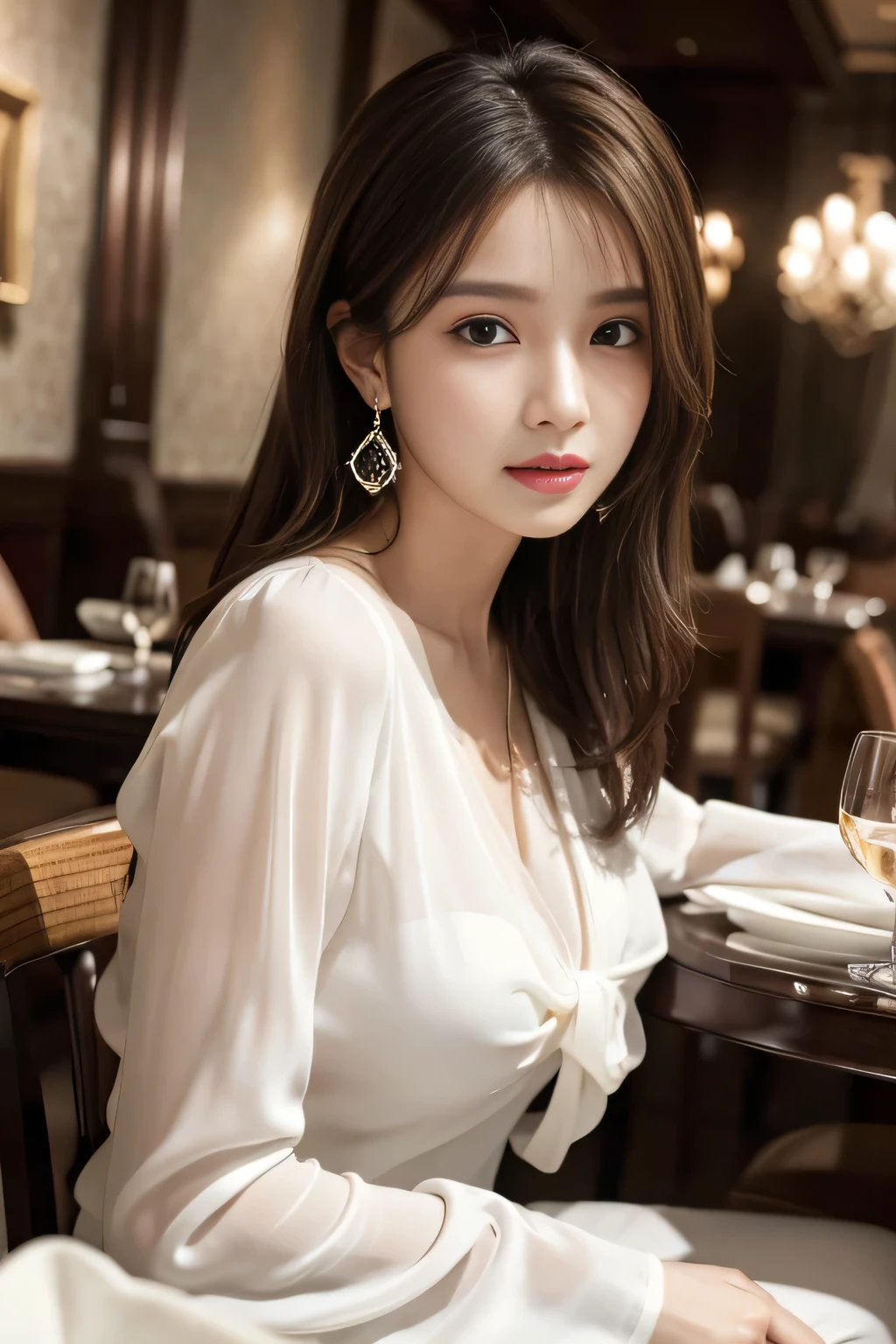 masterpiece, highest quality, Realistic, Very detailed, Finer details, High resolution, 8k wallpaper, One beautiful woman, Wear an elegant white see-through blouse, In a great restaurant, At night, Light brown messy hair, Perfect dynamic composition, Beautiful and beautiful eyes、Big earrings、Sitting in a chair、