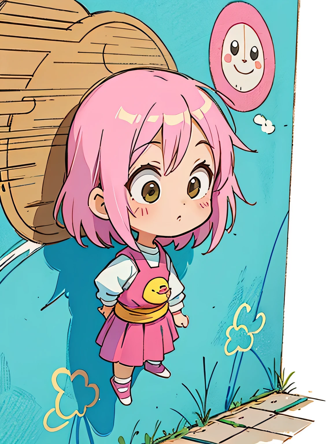 akira toriyama style, Kawaii Design, most beautiful girl ever、Chibi, birdie、wall graffiti、The background is a high wall