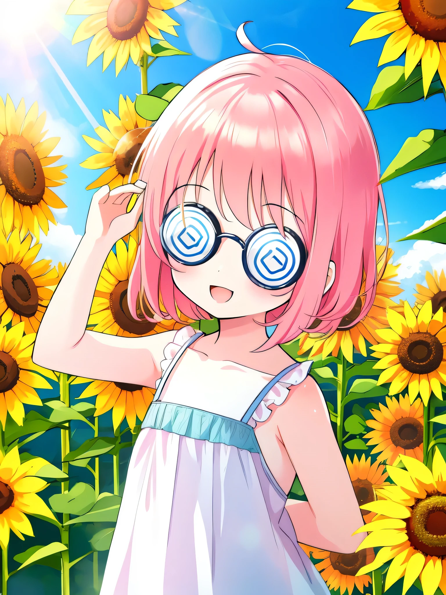 Momoko Sakura style, 1girl, chibi, solo, ((coke-bottle_glasses:1.2)), sunflower field, summer, sunlight, 1girl, :D, portrait, upper_body, white sundress, looking at viewer, arms behind back, wind