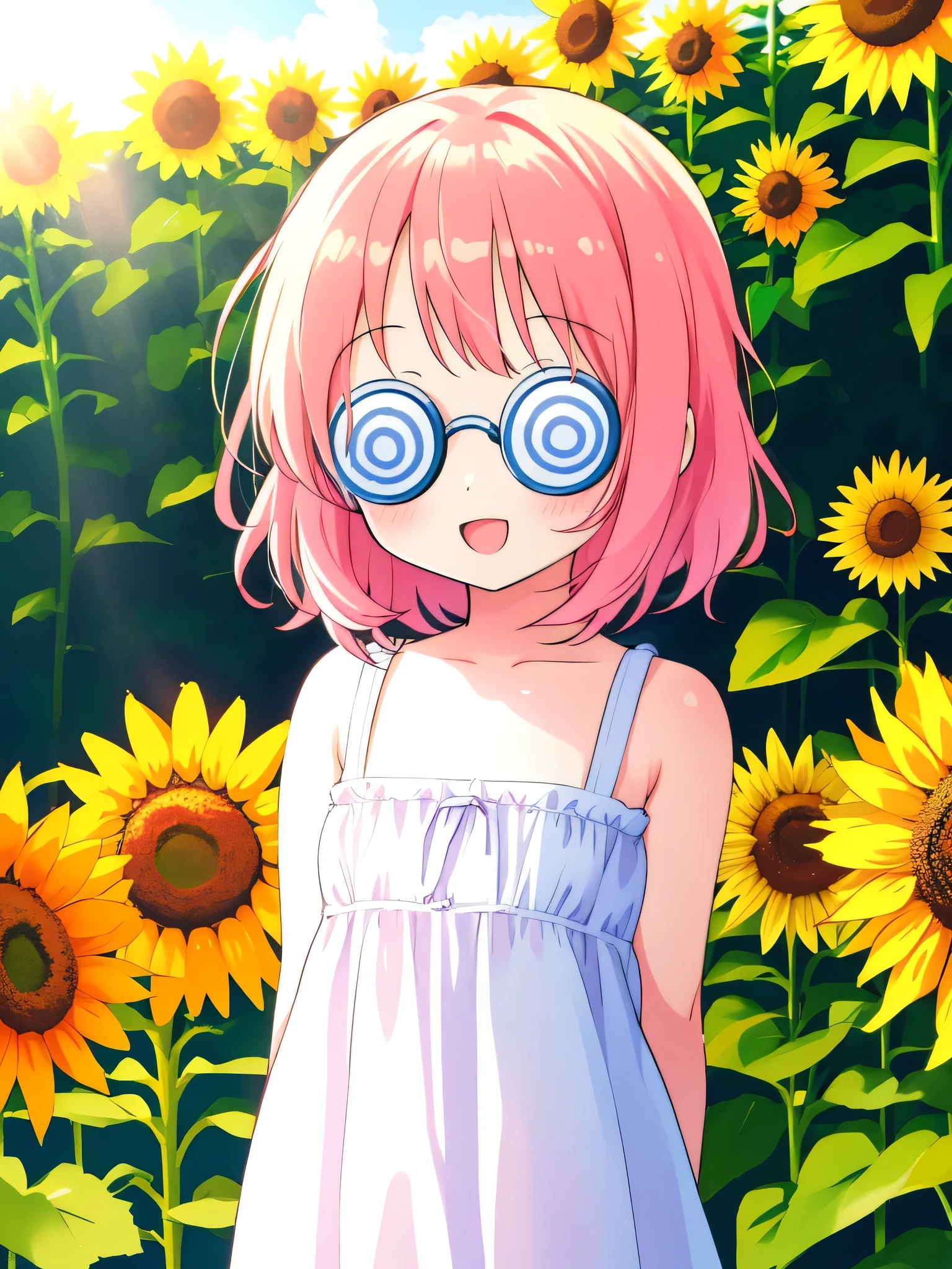 Momoko Sakura style, 1girl, chibi, solo, ((coke-bottle_glasses:1.2)), sunflower field, summer, sunlight, 1girl, :D, portrait, upper_body, white sundress, looking at viewer, arms behind back, wind