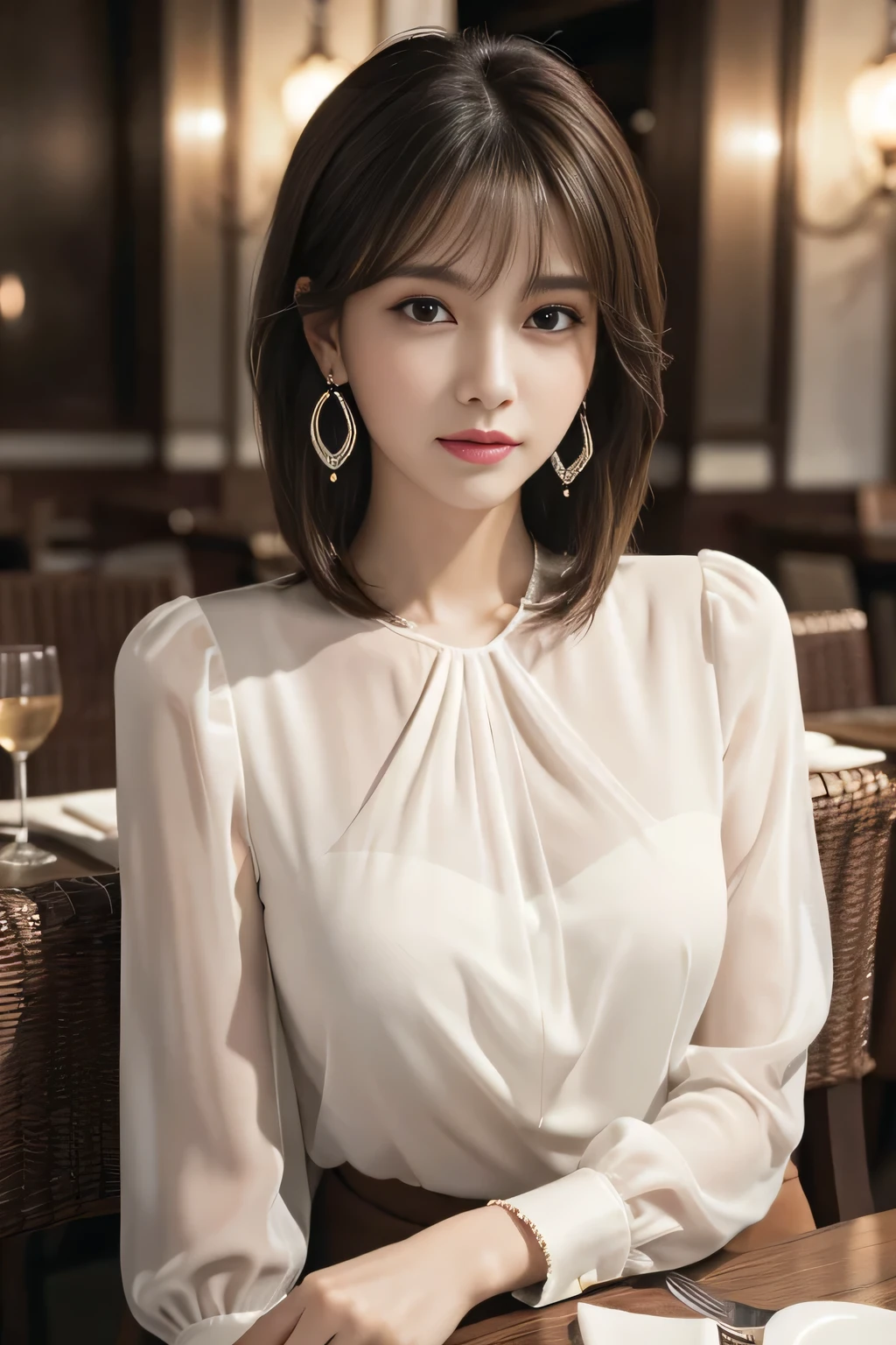masterpiece, highest quality, Realistic, Very detailed, Finer details, High resolution, 8k wallpaper, One beautiful woman, Wear an elegant white see-through blouse, In a great restaurant, At night, Light brown shaggy haircut, Perfect dynamic composition, Beautiful and beautiful eyes、Big earrings、Sitting in a chair、