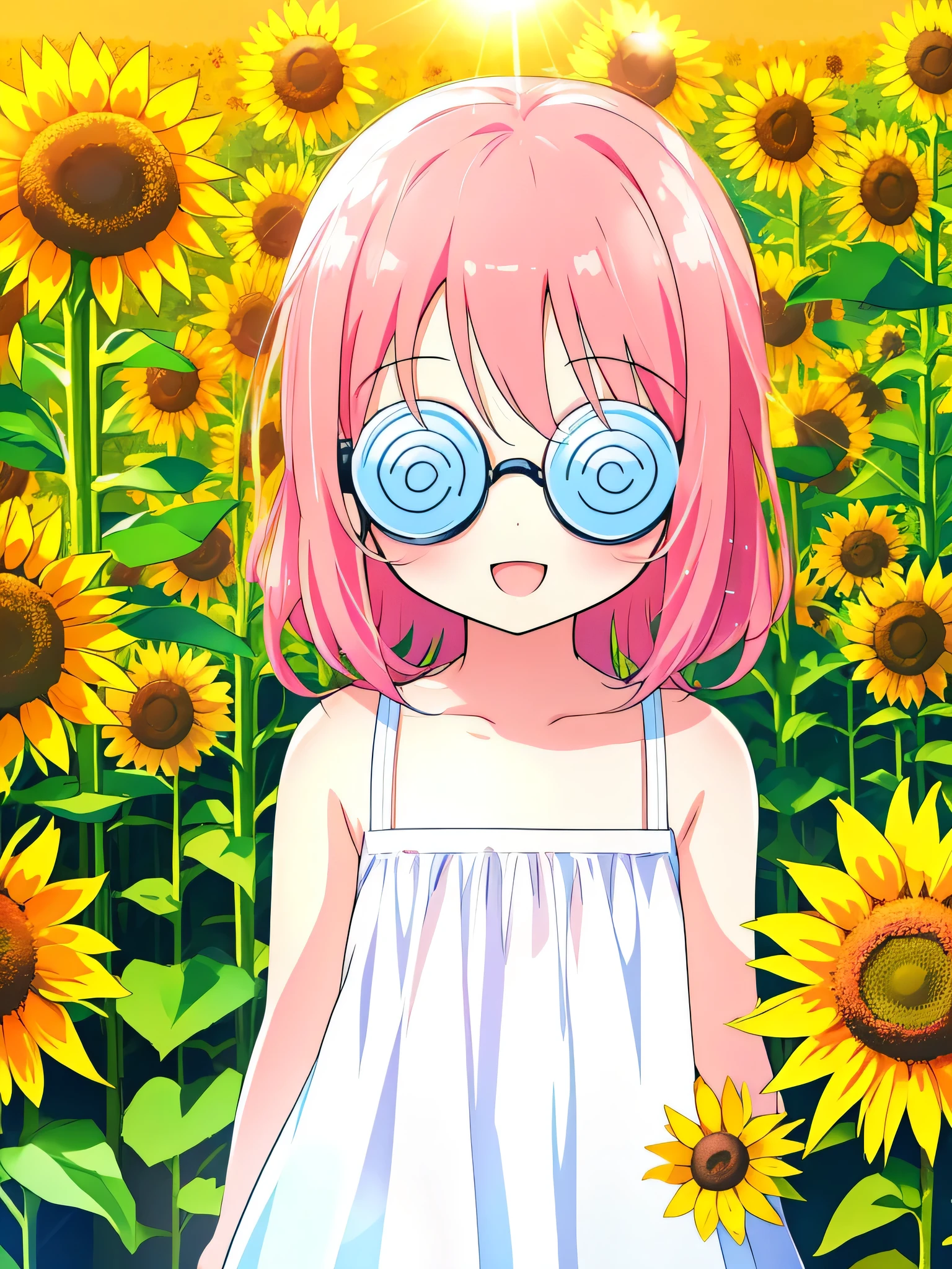 Momoko Sakura style, 1girl, chibi, solo, ((coke-bottle_glasses:1.2)), sunflower field, summer, sunlight, 1girl, :D, portrait, upper_body, white sundress, looking at viewer, arms behind back, wind