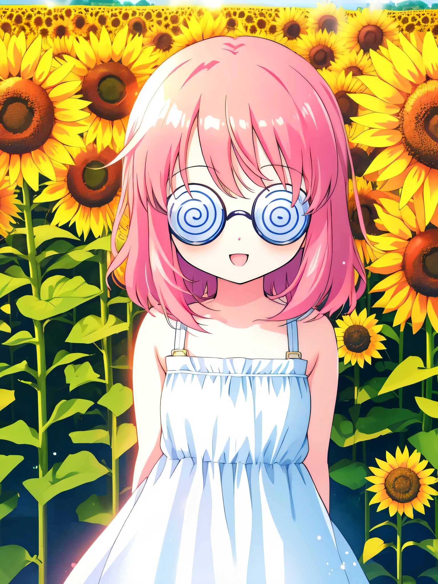 Momoko Sakura style, 1girl, chibi, solo, ((coke-bottle_glasses:1.2)), sunflower field, summer, sunlight, 1girl, :D, portrait, upper_body, white sundress, looking at viewer, arms behind back, wind