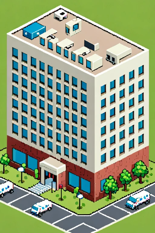 highly detailed isometric pixelart close-up of a __hospital building__, simple white background, eboy style