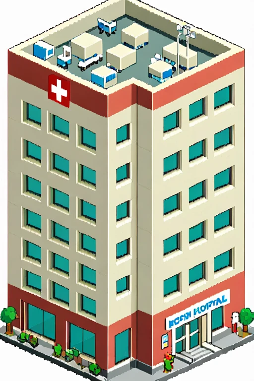 highly detailed isometric pixelart close-up of a __hospital building__, simple white background, eboy style 