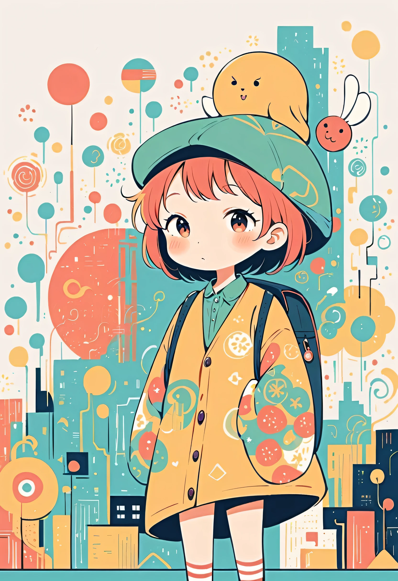 Watase Seizo style, Standing in front of a high wall,Girl with backpack on rooftop,My backpack is full of happy spring,Simple Line Initialism,Abstract art,Urban Background, (((The most beautiful girl))),