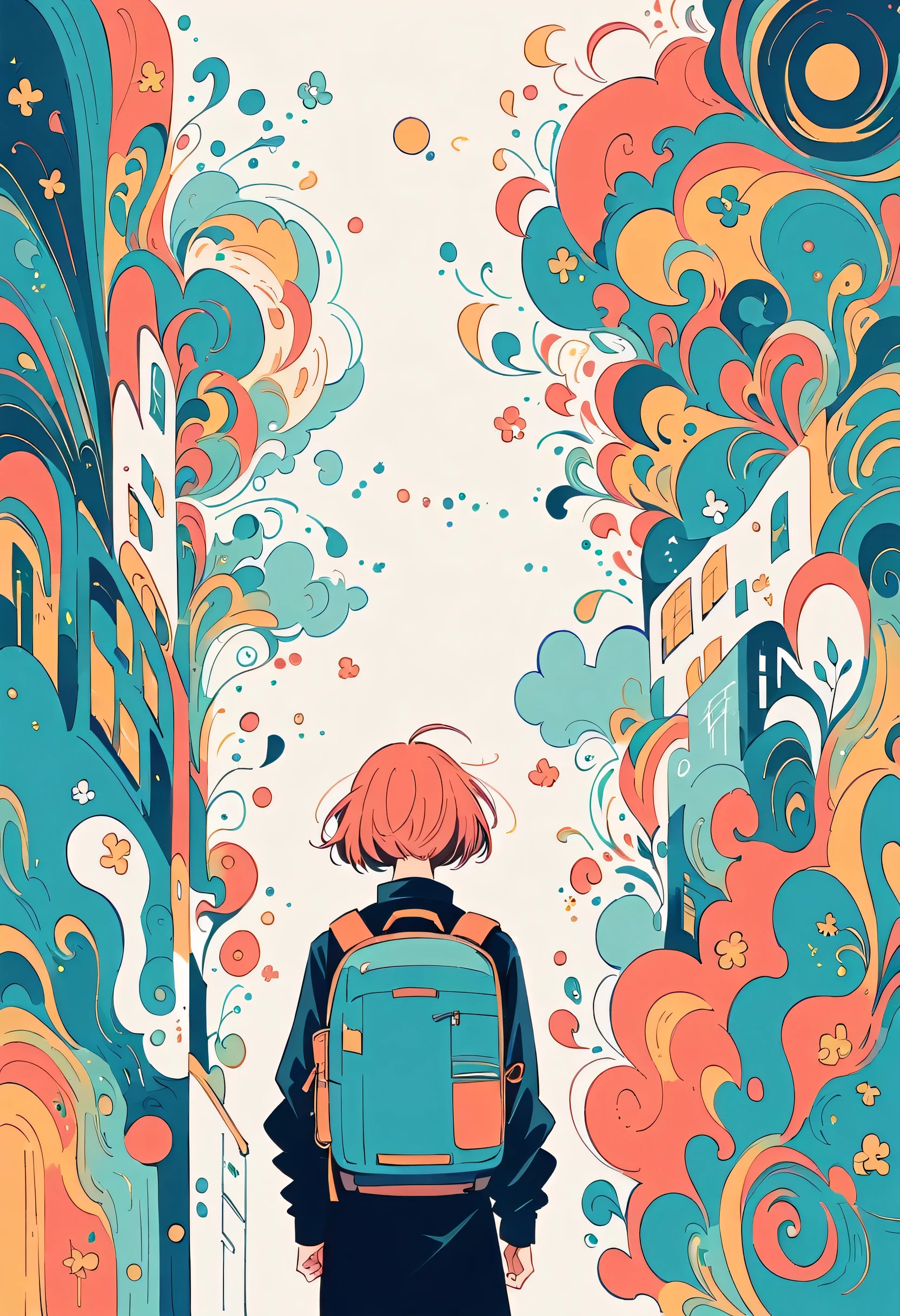 Watase Seizo style, Standing in front of a high wall,Girl with backpack on rooftop,My backpack is full of happy spring,Simple Line Initialism,Abstract art,Urban Background, (((The most beautiful girl))),