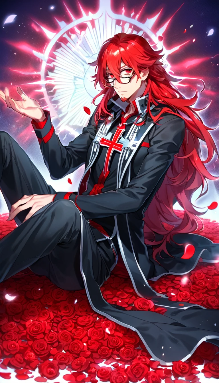 absurdres, highres, ultra detailed, HDR, master piece, best quality, Marian Cross, red long hair, hair between the eyes, with bangs, untamed hair, expressive red eyes, D.Gray-man, glasses, goatee colored red, solo, sexy man, handsome, sitting, black clothes, magical, fantasy, red background, red roses, shining, red petals, red glittering fireflies