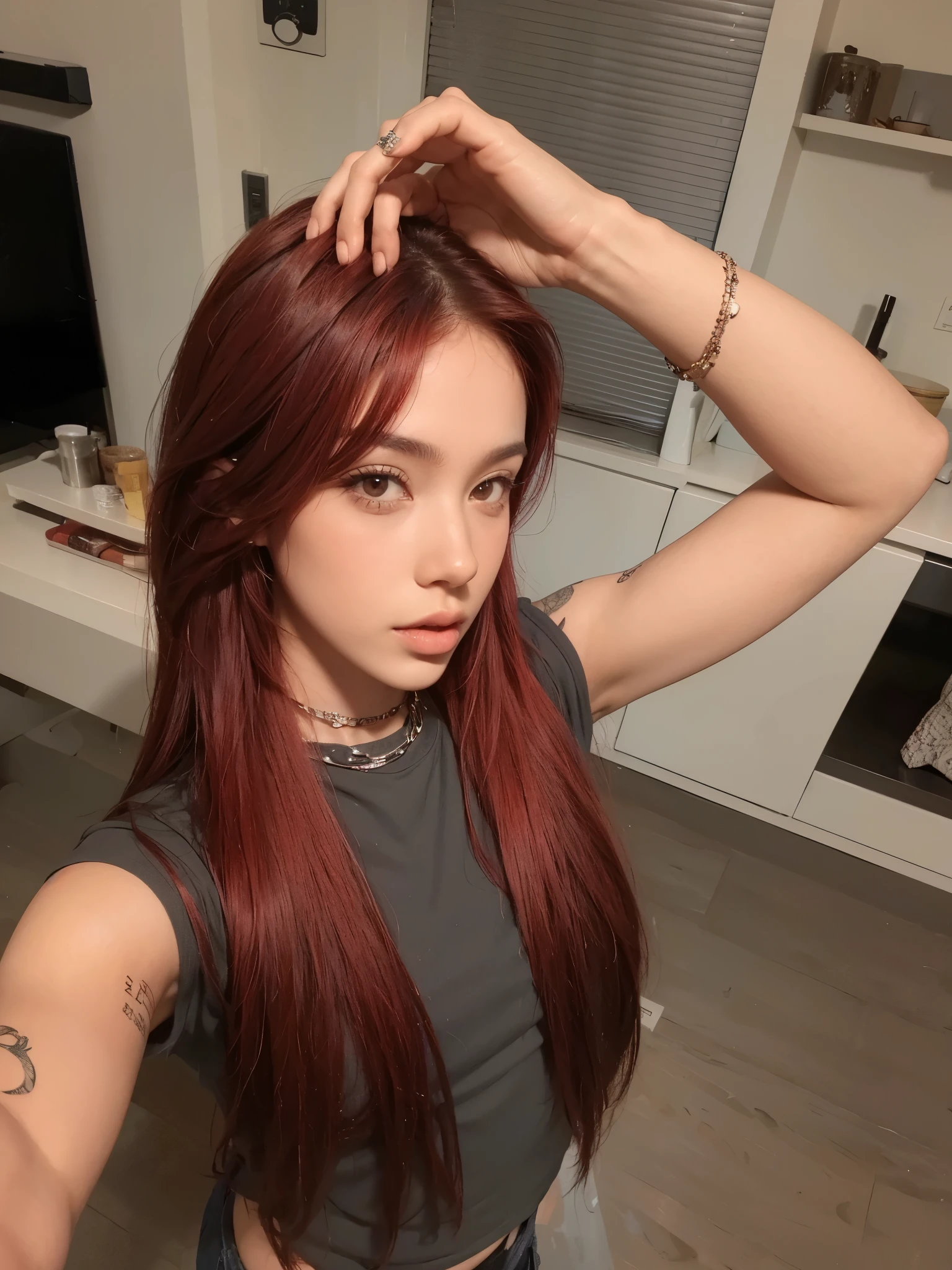 there is a woman with cabello rojo and tattoos posing for a picture, brown pelo largo rojo, pelo largo rojo, long dark cabello rojo, long straight cabello rojo, peluca roja, long cabello rojo, with cabello rojo, with long cabello rojo, long glowing cabello rojo, dark cabello rojo, long crimson hair, con pelo rojizo oscuro, cabello rojo, cabello rojo and attractive features