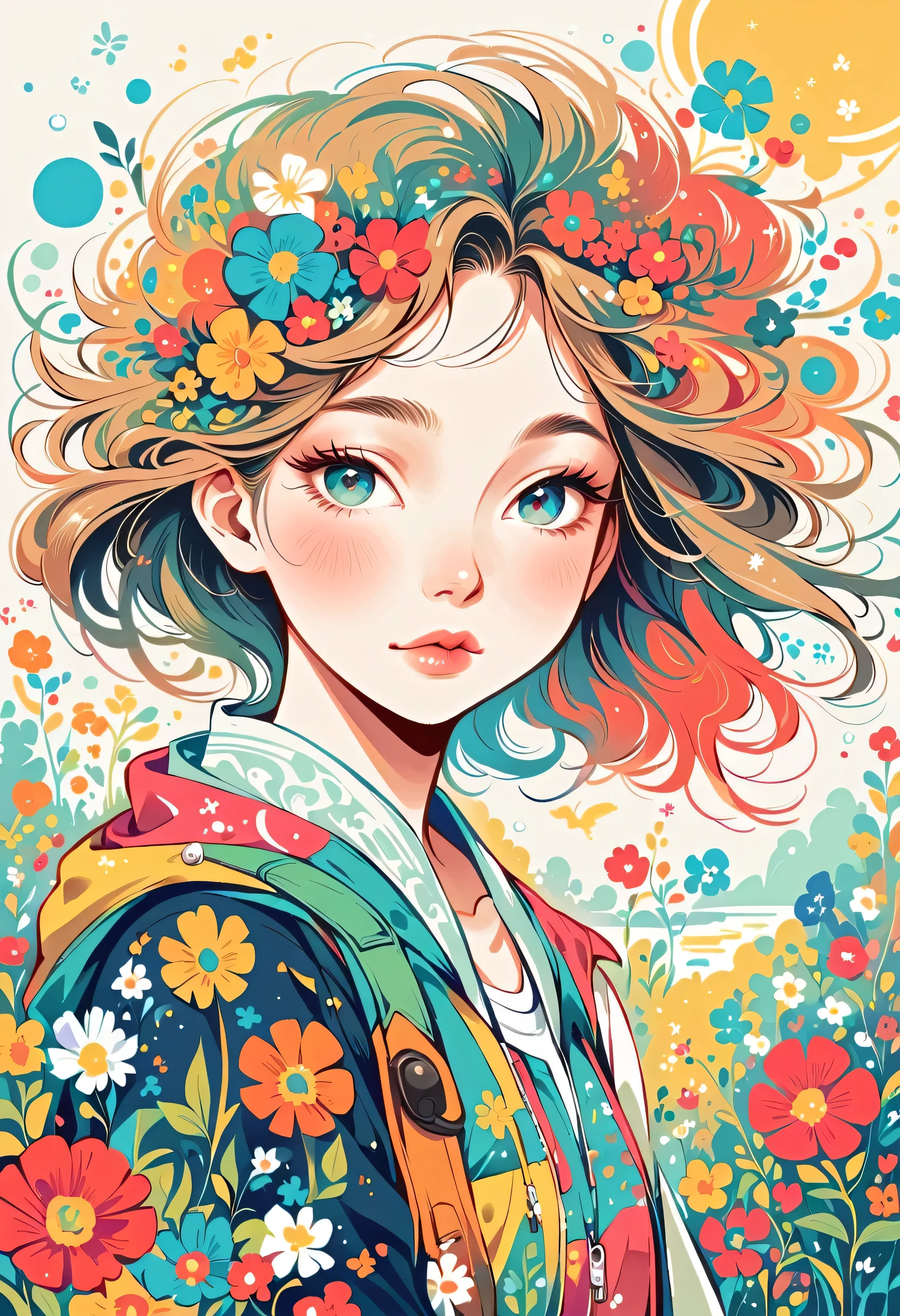 itabamoe style, Stylish design,Stylish fashion,My backpack is full of happy spring,Simple Line Initialism,Abstract art,Urban Background, (((The most beautiful girl))), Lips in Love, colorful flowers