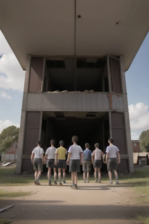 Group of young people entering an abandoned building