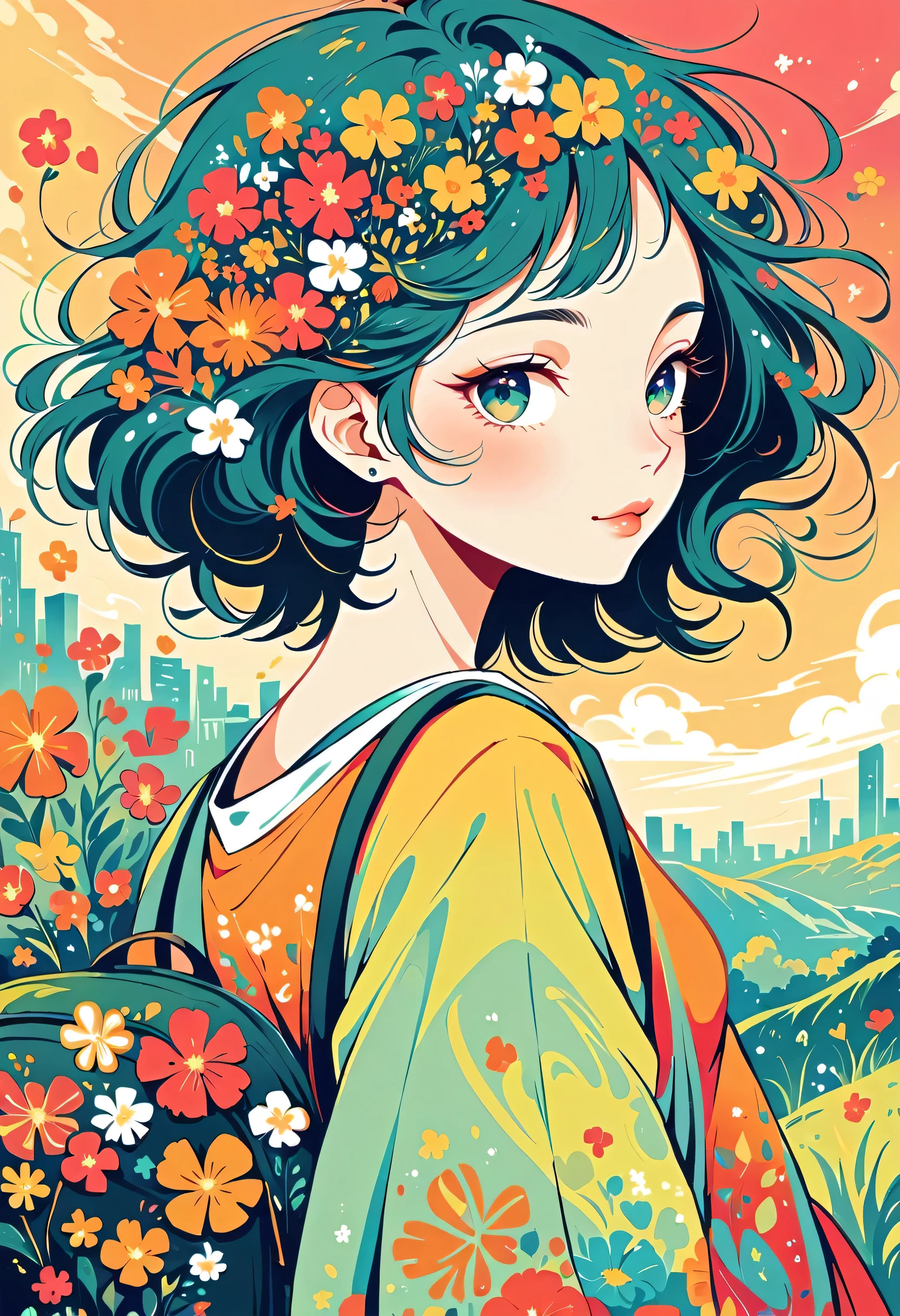 itabamoe style, Stylish design,Stylish fashion,My backpack is full of happy spring,Simple Line Initialism,Abstract art,Urban Background, (((The most beautiful girl))), Lips in Love, colorful flowers