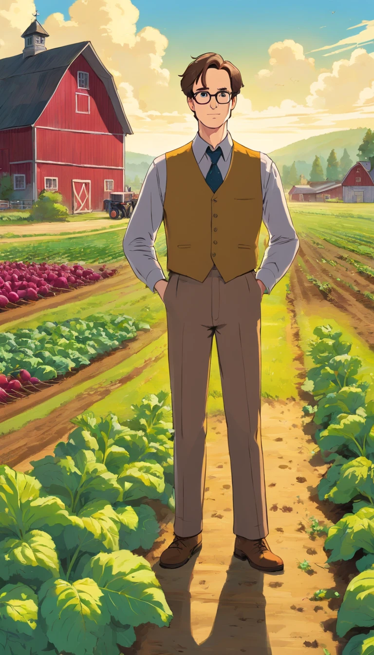 Depict Dwight Schrute standing proudly at Schrute Farms, his beet farm and bed-and-breakfast. Dwight is dressed in his typical mustard-colored shirt, brown suit jacket, and glasses, but he also has a pair of sturdy work boots on. He is holding a freshly harvested beet in one hand and a pitchfork in the other. Behind Dwight, the farm is expansive, with neat rows of beet plants stretching into the distance. In the background, there is an old-fashioned farmhouse with a wooden sign that reads 'Schrute Farms.' The scene includes rustic elements such as a wooden barn, a tractor, and a few chickens roaming around. The sky is clear blue with a few fluffy clouds, and the sun casts a warm, golden light over the idyllic countryside setting. Dwight's expression is one of pride and satisfaction, capturing his love for his farm and his work.
