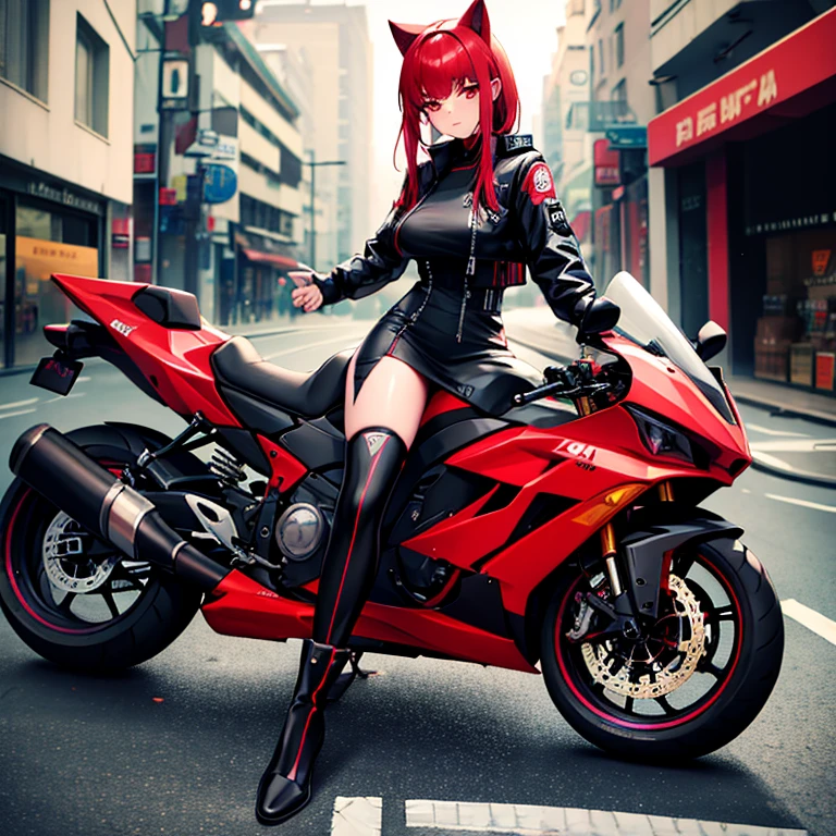 Chica alta vestida de Body futuristico violeta ????? con cadenas brillosas vistosas. Collarcadenas de 3 vueltas con candado de dige. vestido de negro. Rojo colorada roja ella tiene el pelo rojo y tiene de ojos verdes se prepara para su amo ella la esclava de su amado ama ponerse cadenas al cuerpo es boluptuosa la chica va ensima de la moto cyberpunk connsu casco de gato y cola