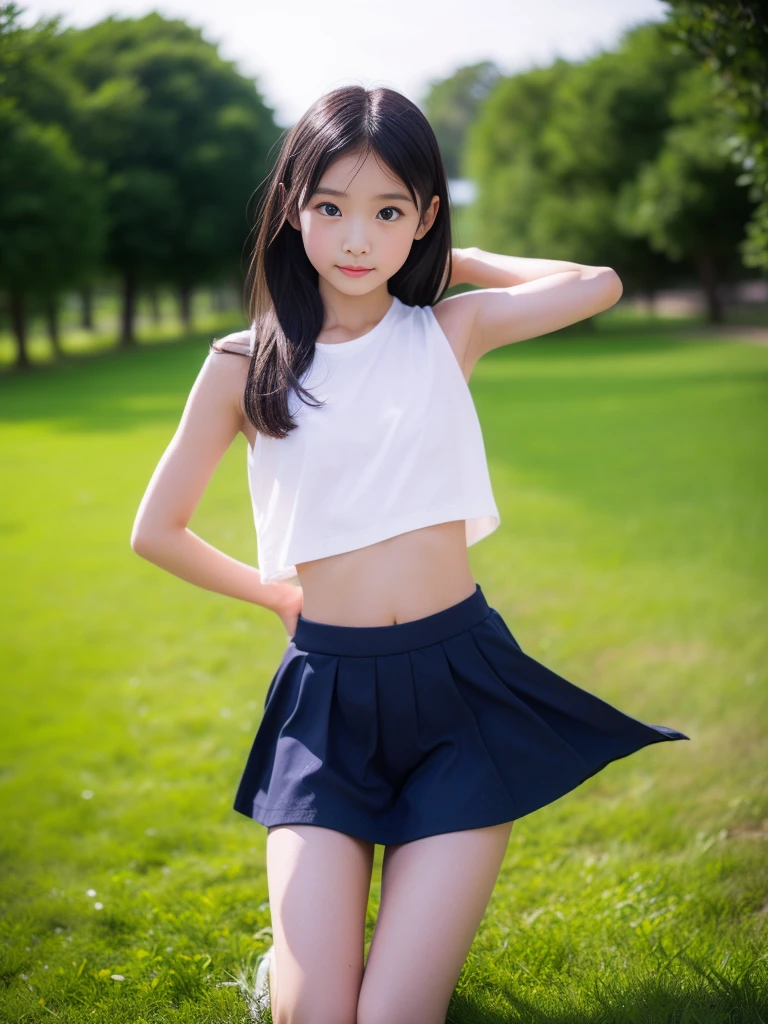 (masterpiece, highest quality:1.4), Award-winning portraits, 8k, 85mm, alone, Beautiful Face, Delicate girl,  (Cheerleader、On the grass), Sophisticated, cute, 15 years old, RAW Photos, Confused, High resolution, Sharp focus, Background Blur、(((flat  、thin and delicate body、Childish atmosphere)))、shiny semi-long hair、Mole on the left cheek、 Dark blue eyes、the skirt is swaying in the wind、Hair swaying in the wind、sexy、flexible legs、naked