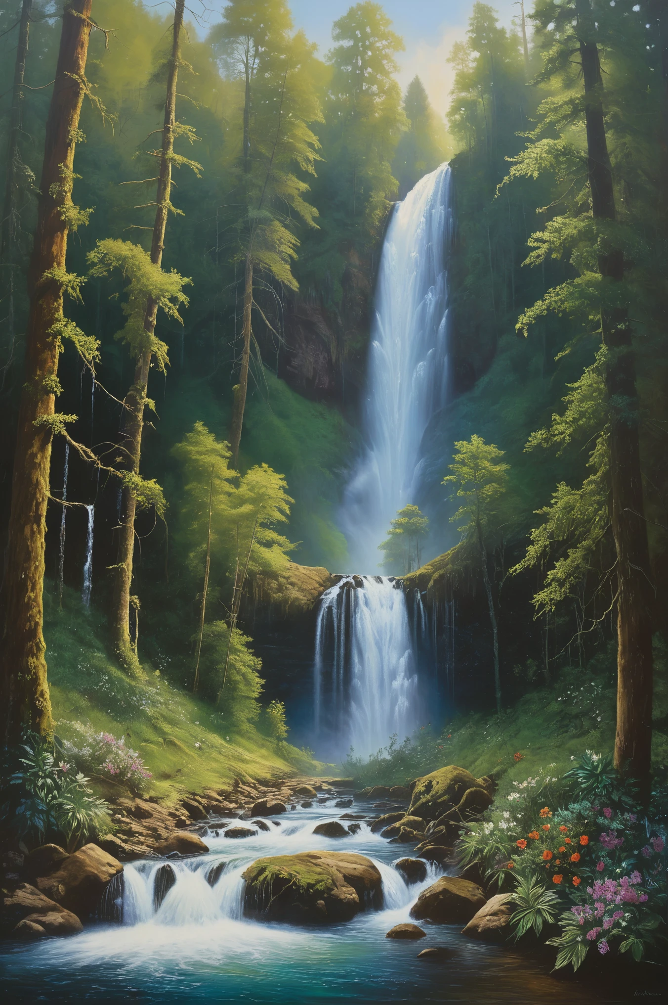 painting of a cascada in a forest with a river running through it, an endless cascada, Margot cascadas, cascadas, with trees and cascadas, floating cascadas, (cascada), with cascadas, por Michael James Smith, en cascada cascadas, flowers and cascadas, en cascada iridescent cascadas, cascada, several cascadas, high cascadas, en cascada, forest and cascada