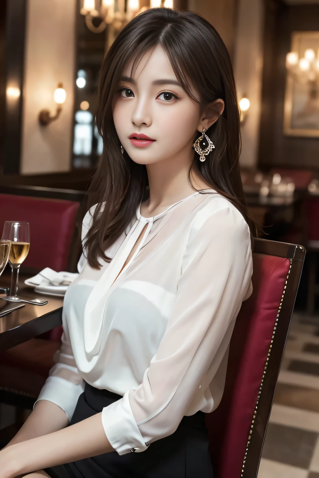 masterpiece, highest quality, Realistic, Very detailed, Finer details, High resolution, 8k wallpaper, One beautiful woman, Wear an elegant white see-through blouse, In a great restaurant, At night, Light brown shaggy haircut, Perfect dynamic composition, Beautiful and beautiful eyes、Big earrings、Sitting in a chair、