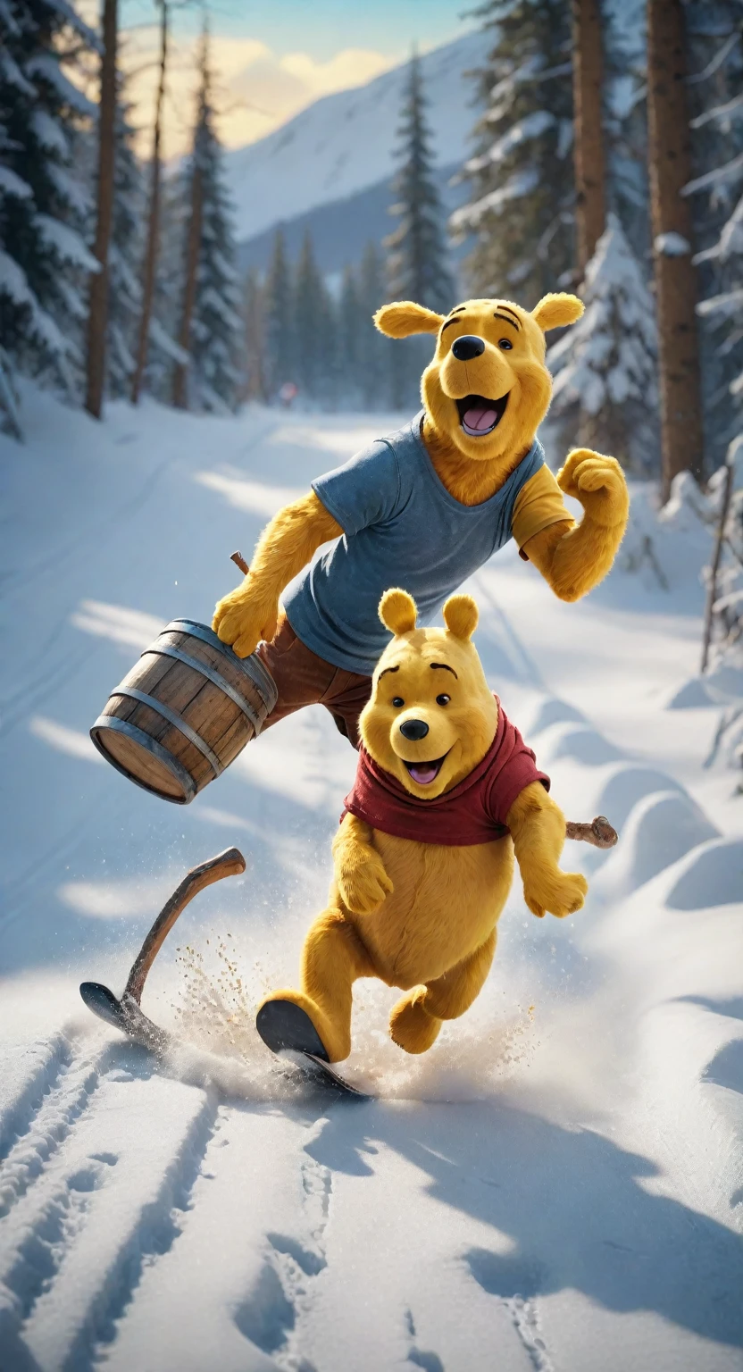 a crazy skier goofy running away from a crazed winnie the pooh chasing him after his honey barrel was smashed, detailed action scene, highly realistic, 4k, photorealistic, cinematic lighting, dynamic motion blur, hyperdetailed,epic scale,intense colors,dramatic atmosphere