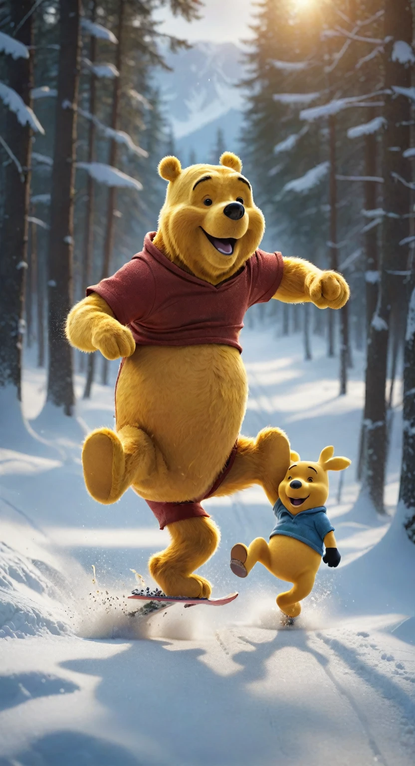 a crazy skier goofy running away from a crazed winnie the pooh chasing him after his honey barrel was smashed, detailed action scene, highly realistic, 4k, photorealistic, cinematic lighting, dynamic motion blur, hyperdetailed,epic scale,intense colors,dramatic atmosphere