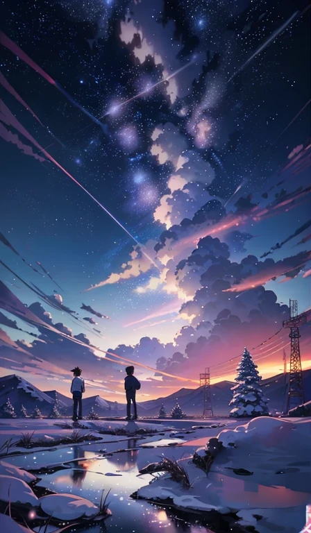 An anime scene of two people standing on a snowy field with the sky in the background, inspired by Makoto Shinkai's anime drawings, trending on pixiv, concept art, Cosmos Sky. Author: Makoto Shinkai, beautiful anime scene, Makoto Shinkai Cyril Rolando, anime art wallpaper 4k, anime art wallpaper 4k, anime sky, anime beautiful peaceful field ((((Makoto Shinkai style)), pixiv, anime drawing, High resolution, pink sky, beautiful scene), (universe, train passing, magic realism, ((makoto shinkai style)) ::0.8), [art atmosphere, atmosphere:0.8, starry sky, hills, snow mountain , sparkling water, grass, trees, smoke, stars, low angle of view, specular light scattering, detail enhancement. Character details are complete.